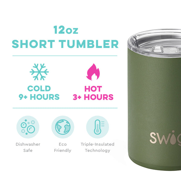 Swig Life 12oz Olive Short Tumbler temperature infographic - cold 9+ hours or hot 3+ hours