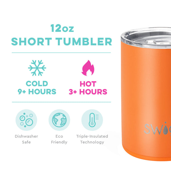 Swig Life 12oz Orange Short Tumbler temperature infographic - cold 9+ hours or hot 3+ hours