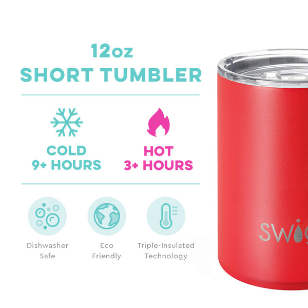 Swig Life 12oz Red Short Tumbler temperature infographic - cold 9+ hours or hot 3+ hours
