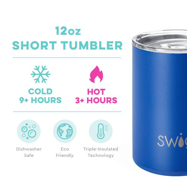 Swig Life 12oz Royal Short Tumbler temperature infographic - cold 9+ hours or hot 3+ hours