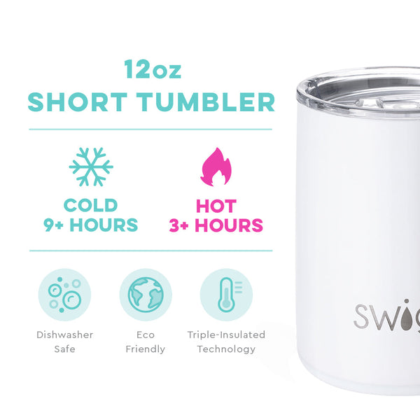 Swig Life 12oz White Short Tumbler temperature infographic - cold 9+ hours or hot 3+ hours
