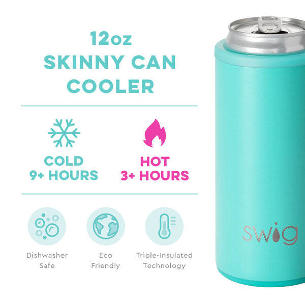 Swig Life 12oz Aqua Skinny Can Cooler temperature infographic - cold 9+ hours or hot 3+ hours