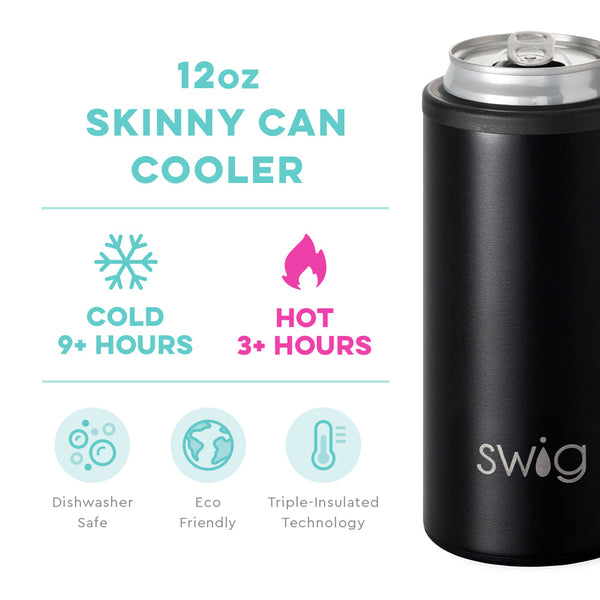 Swig Life 12oz Black Skinny Can Cooler temperature infographic - cold 9+ hours or hot 3+ hours