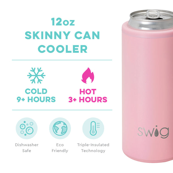 Swig Life 12oz Blush Skinny Can Cooler temperature infographic - cold 9+ hours or hot 3+ hours