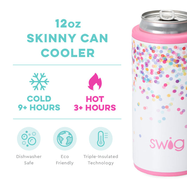 Swig Life 12oz Confetti Skinny Can Cooler temperature infographic - cold 9+ hours or hot 3+ hours