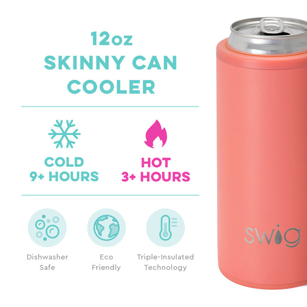 Swig Life 12oz Coral Skinny Can Cooler temperature infographic - cold 9+ hours or hot 3+ hours