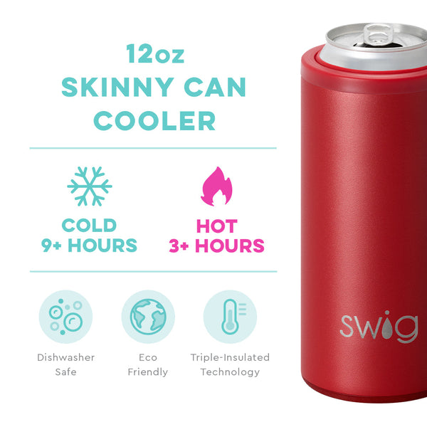 Swig Life 12oz Crimson Skinny Can Cooler temperature infographic - cold 9+ hours or hot 3+ hours