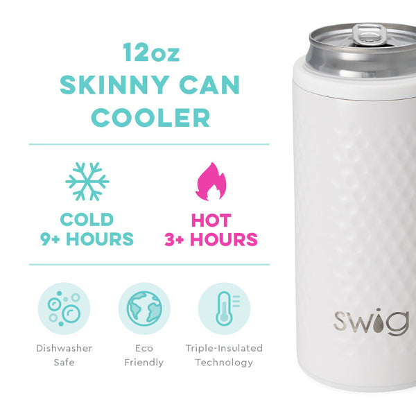 Swig Life 12oz Golf Partee Skinny Can Cooler temperature infographic - cold 9+ hours or hot 3+ hours
