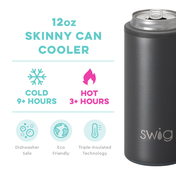 Swig Life 12oz Grey Skinny Can Cooler temperature infographic - cold 9+ hours or hot 3+ hours