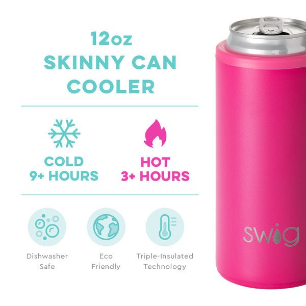 Swig Life 12oz Hot Pink Skinny Can Cooler temperature infographic - cold 9+ hours or hot 3+ hours