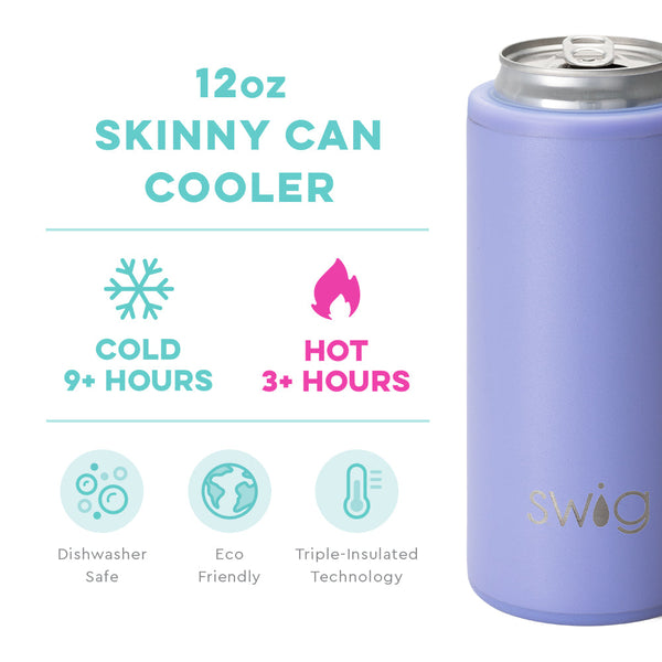 Swig Life 12oz Hydrangea Skinny Can Cooler temperature infographic - cold 9+ hours or hot 3+ hours