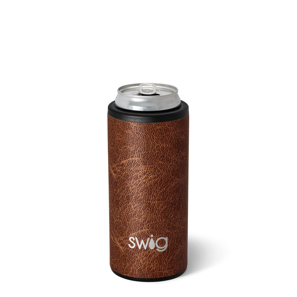 Swig Life Skinny Can Cooler - Brown Leather Insulated Stainless Steel - 12oz - Cold 12+ Hours with A Non-Slip Base