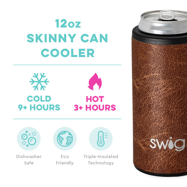 Swig Life 12oz Leather Skinny Can Cooler temperature infographic - cold 9+ hours or hot 3+ hours