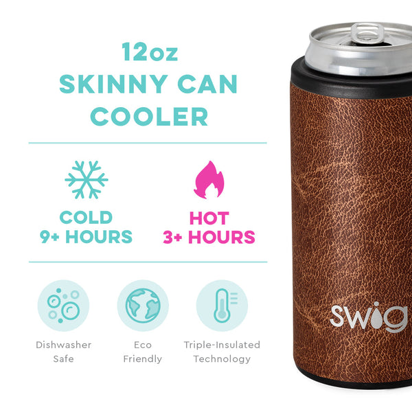 Swig Life 12oz Leather Skinny Can Cooler temperature infographic - cold 9+ hours or hot 3+ hours
