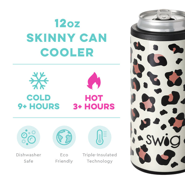 Swig Life 12oz Luxy Leopard Skinny Can Cooler temperature infographic - cold 9+ hours or hot 3+ hours