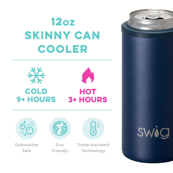 Swig Life 12oz Navy Skinny Can Cooler temperature infographic - cold 9+ hours or hot 3+ hours