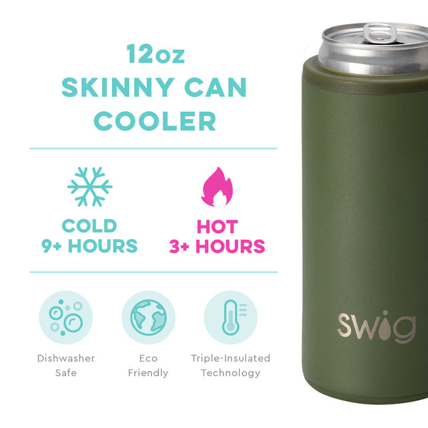 Swig Life 12oz Olive Skinny Can Cooler temperature infographic - cold 9+ hours or hot 3+ hours