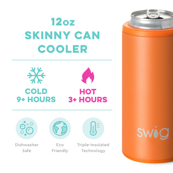 Swig Life 12oz Orange Skinny Can Cooler temperature infographic - cold 9+ hours or hot 3+ hours