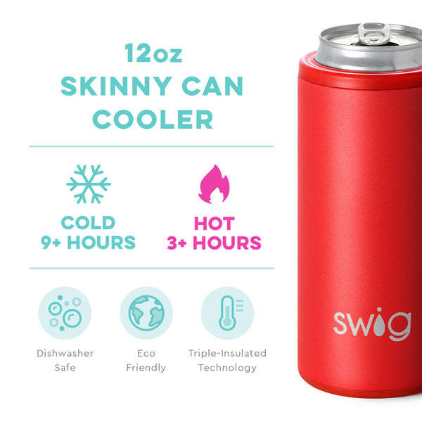 Swig Life 12oz Red Skinny Can Cooler temperature infographic - cold 9+ hours or hot 3+ hours