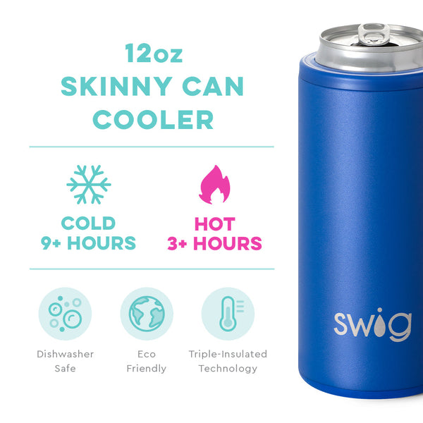 Swig Life 12oz Royal Skinny Can Cooler temperature infographic - cold 9+ hours or hot 3+ hours