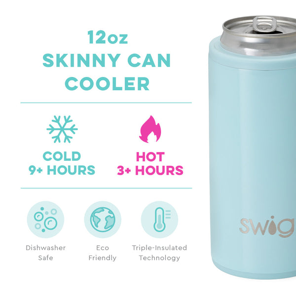 Swig Life 12oz Shimmer Aquamarine Skinny Can Cooler temperature infographic - cold 9+ hours or hot 3+ hours
