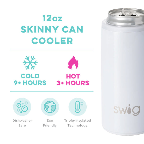 Swig Life 12oz Shimmer Diamond White Skinny Can Cooler temperature infographic - cold 9+ hours or hot 3+ hours