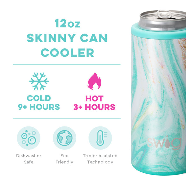 Swig Life 12oz Wanderlust Skinny Can Cooler temperature infographic - cold 9+ hours or hot 3+ hours
