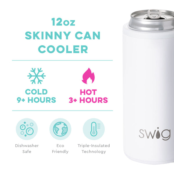Swig Life 12oz White Skinny Can Cooler temperature infographic - cold 9+ hours or hot 3+ hours