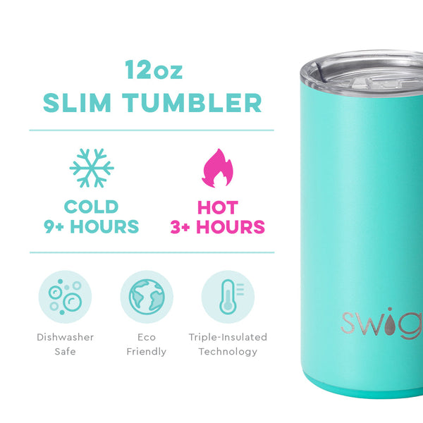 Swig Life 12oz Aqua Slim Tumbler temperature infographic - cold 9+ hours or hot 3+ hours