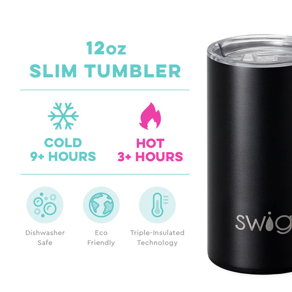 Swig Life 12oz Black Slim Tumbler temperature infographic - cold 9+ hours or hot 3+ hours