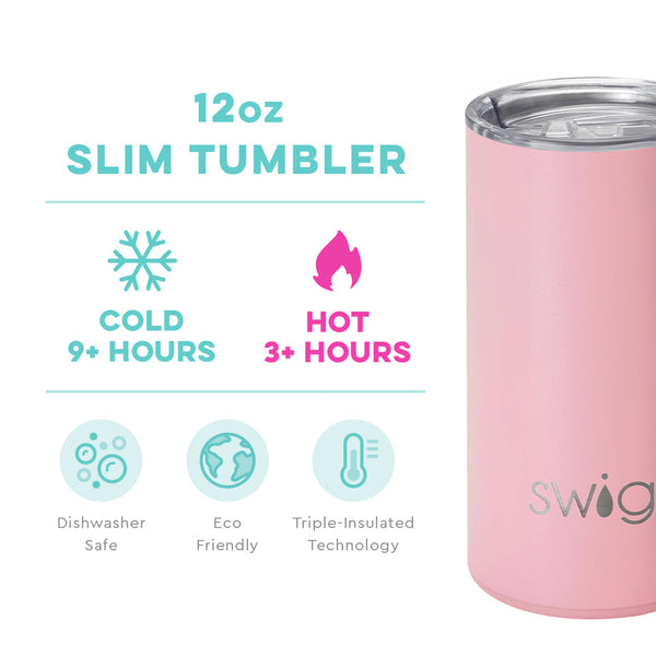 Swig Life 12oz Blush Slim Tumbler temperature infographic - cold 9+ hours or hot 3+ hours