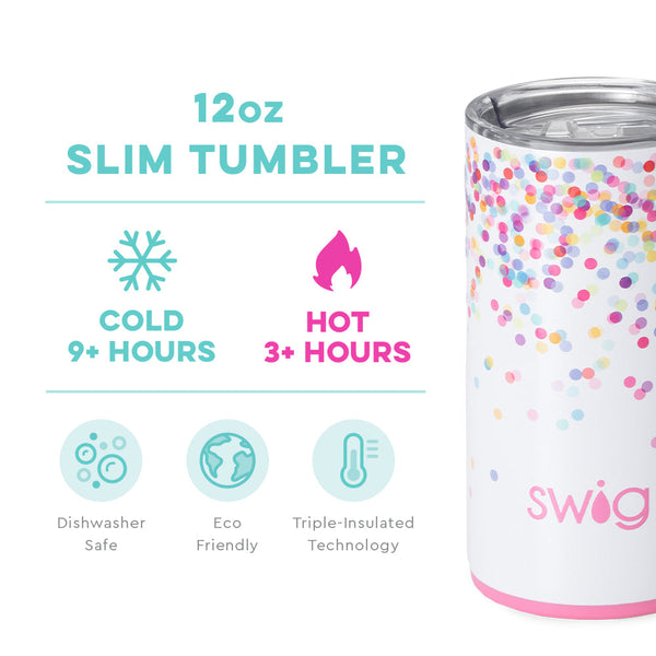 Swig Life 12oz Confetti Short Tumbler temperature infographic - cold 9+ hours or hot 3+ hours