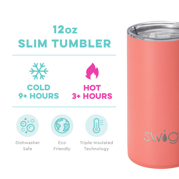 Swig Life 12oz Coral Slim Tumbler temperature infographic - cold 9+ hours or hot 3+ hours