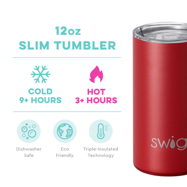 Swig Life 12oz Crimson Slim Tumbler temperature infographic - cold 9+ hours or hot 3+ hours