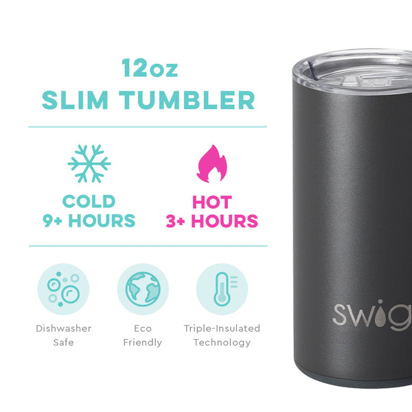 Swig Life 12oz Grey Slim Tumbler temperature infographic - cold 9+ hours or hot 3+ hours