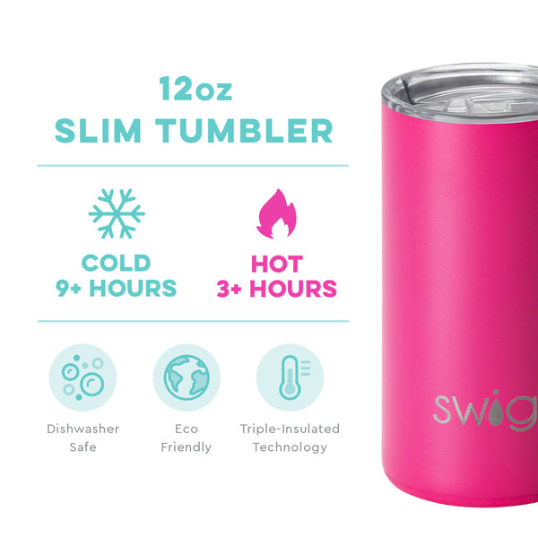 Swig Life 12oz Hot Pink Slim Tumbler temperature infographic - cold 9+ hours or hot 3+ hours