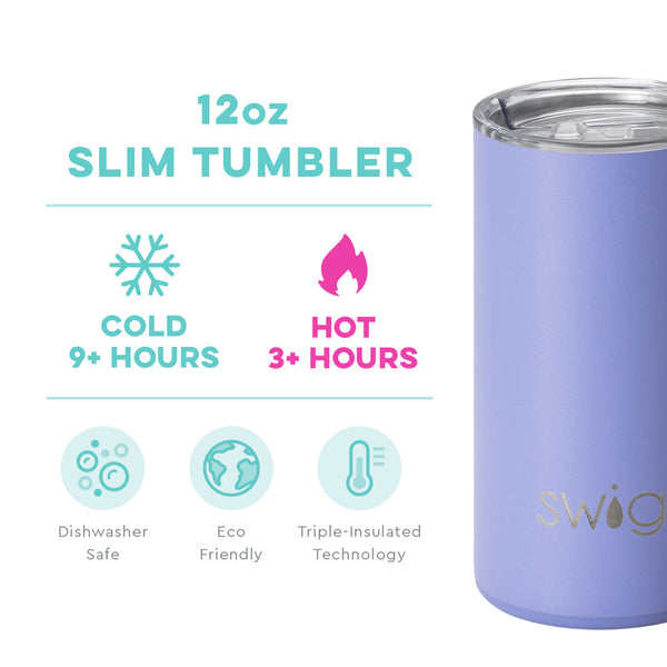 Swig Life 12oz Hydrangea Slim Tumbler temperature infographic - cold 9+ hours or hot 3+ hours