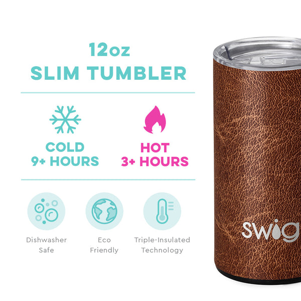 Swig Life 12oz Leather Short Tumbler temperature infographic - cold 9+ hours or hot 3+ hours