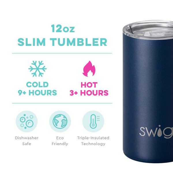 Swig Life 12oz Navy Slim Tumbler temperature infographic - cold 9+ hours or hot 3+ hours