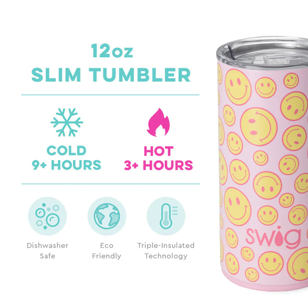 Swig Life 12oz Oh Happy Day Slim Tumbler temperature infographic - cold 9+ hours or hot 3+ hours