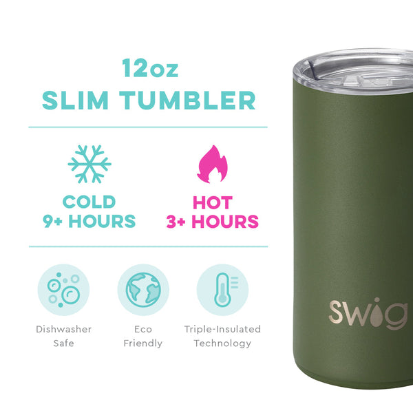 Swig Life 12oz Olive Slim Tumbler temperature infographic - cold 9+ hours or hot 3+ hours