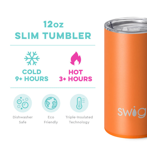 Swig Life 12oz Orange Slim Tumbler temperature infographic - cold 9+ hours or hot 3+ hours