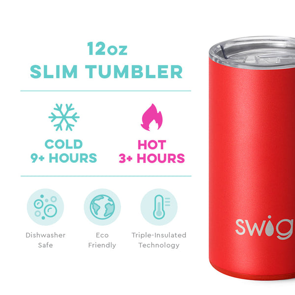 Swig Life 12oz Red Slim Tumbler temperature infographic - cold 9+ hours or hot 3+ hours