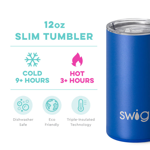 Swig Life 12oz Royal Slim Tumbler temperature infographic - cold 9+ hours or hot 3+ hours