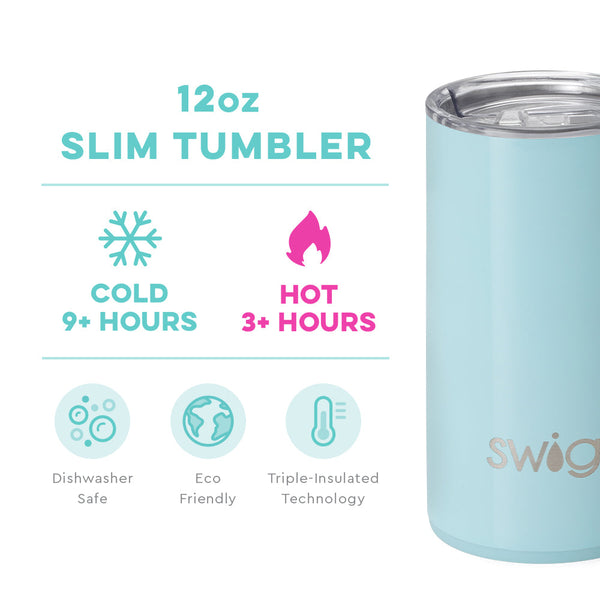 Swig Life 12oz Shimmer Aquamarine Slim Tumbler temperature infographic - cold 9+ hours or hot 3+ hours