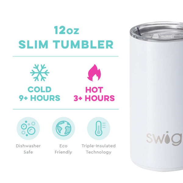 Swig Life 12oz Shimmer White Slim Tumbler temperature infographic - cold 9+ hours or hot 3+ hours