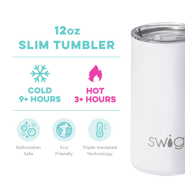 Swig Life 12oz White Slim Tumbler temperature infographic - cold 9+ hours or hot 3+ hours