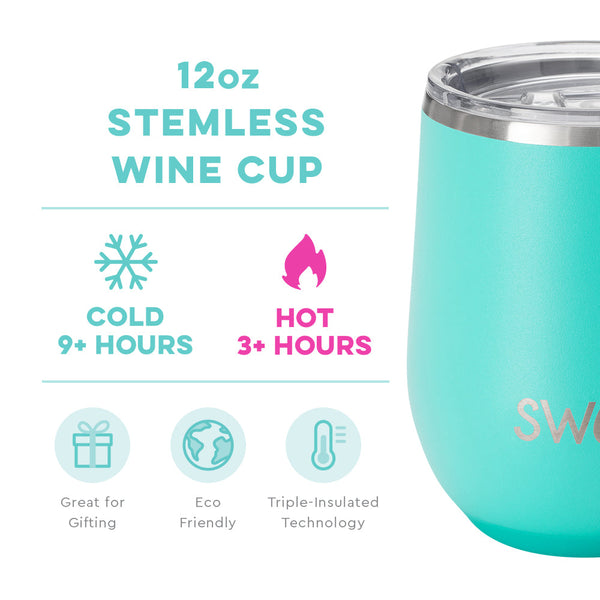 Swig Life 12oz Aqua Stemless Wine Cup temperature infographic - cold 9+ hours or hot 3+ hours