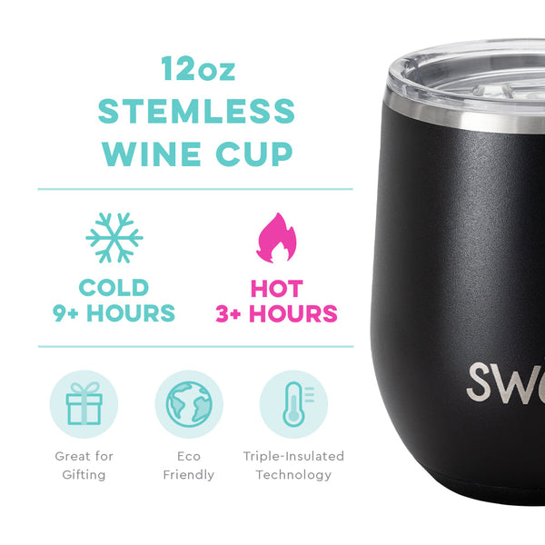 Swig Life 12oz Black Stemless Wine Cup temperature infographic - cold 9+ hours or hot 3+ hours