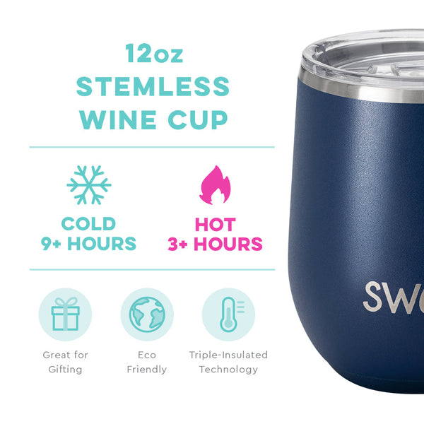 Swig Life 12oz Navy Stemless Wine Cup temperature infographic - cold 9+ hours or hot 3+ hours